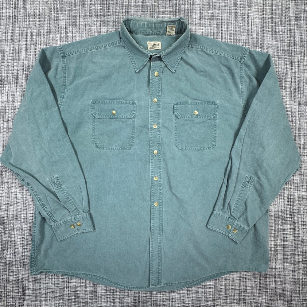 LL Bean Shirt Mens XXL Teal Cotton Long Sleeve Button Front Dual Pockets Canada